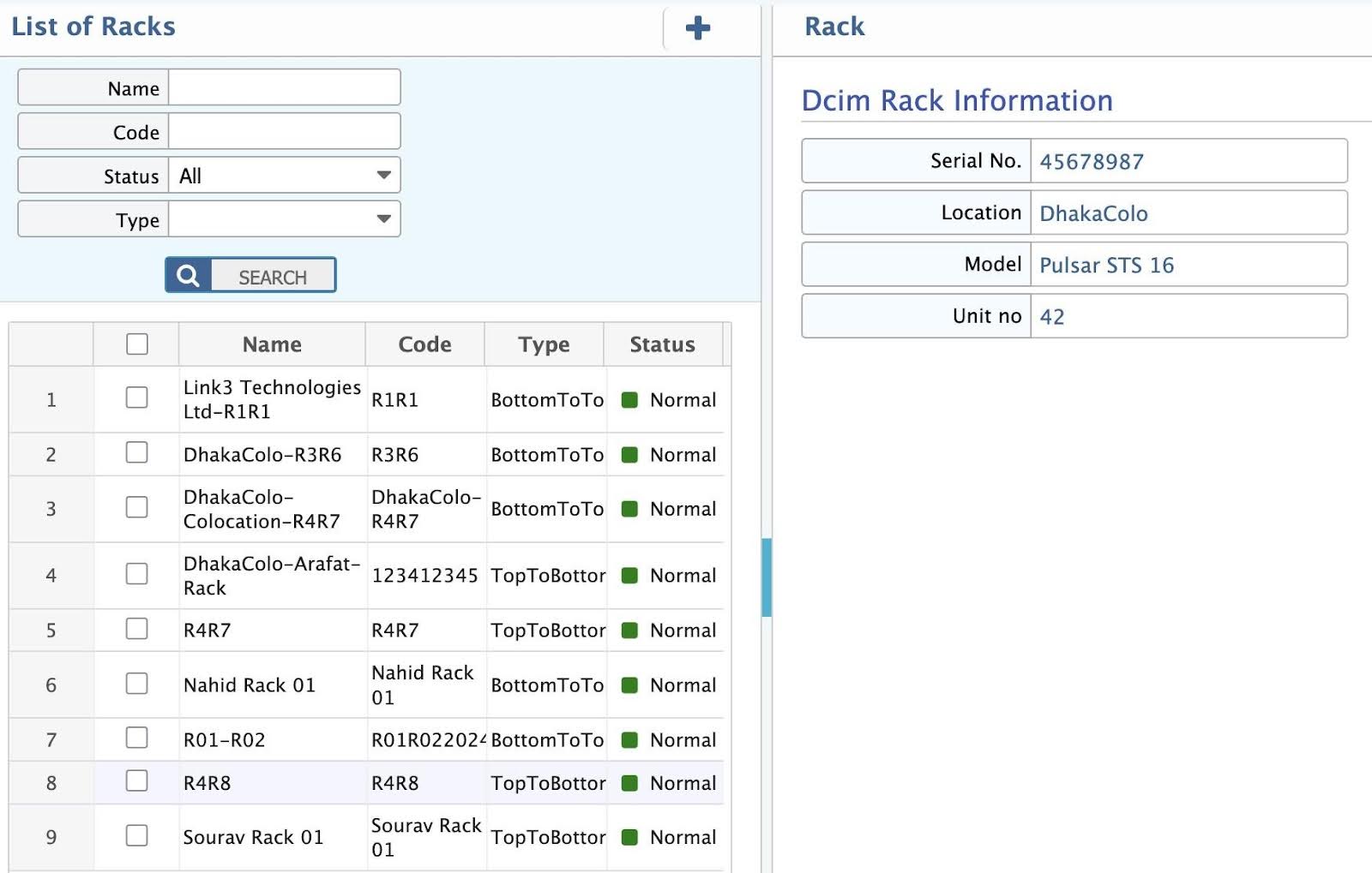 List of Installed Rack